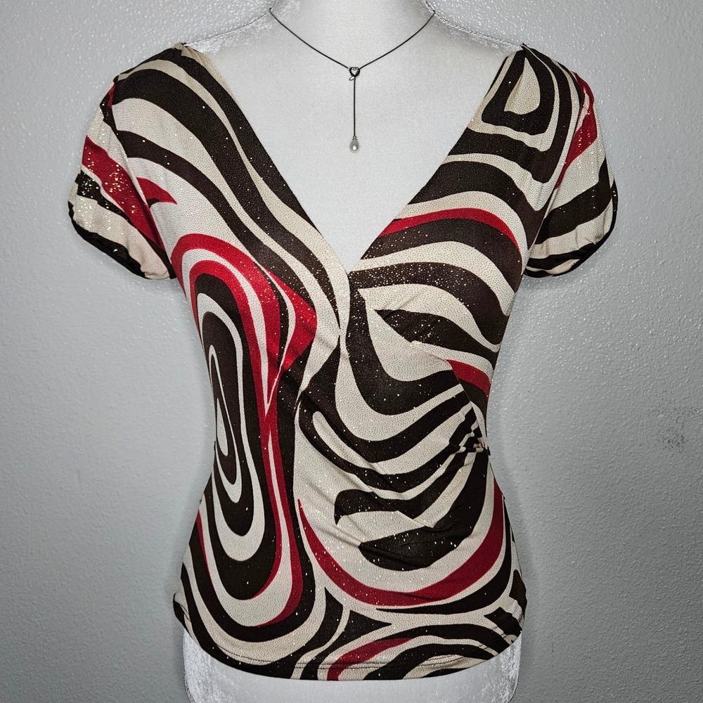 Flamingo Y2k Red Brown Cream Swirl Glitter V-Neck Wrap Top